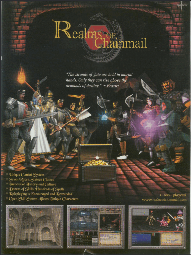 A magazine advertisement for the fake online game "Realms of Chainmail". Six bright humans with gleaming armor fight six dark figures who raise spells and black blades. Between them is a treasure chest full of gold and a single ruby.
